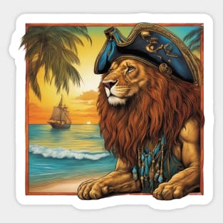 Lion with a Pirate hat  on a Tropical Beach Sticker